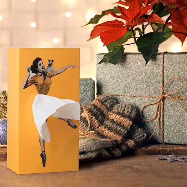 Tissue Box Cover with Billowing Skirt and Removable Weighted Base, Fits Standard Refills