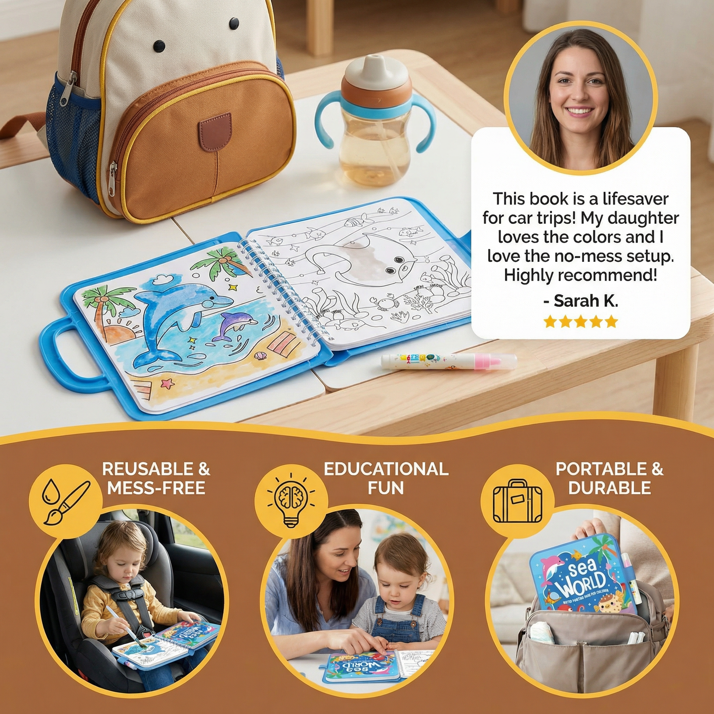 Water Activated Coloring Book with Refillable Pen and Reusable Pages