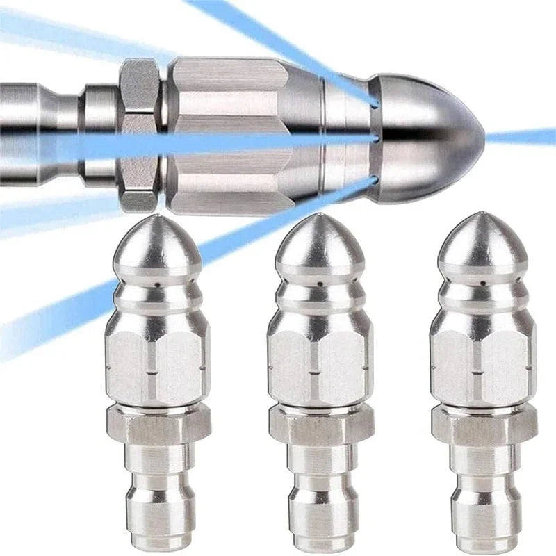 High Pressure Sewer Cleaning Nozzle with Stainless Steel Pointed Tip and Angled Spray Jets