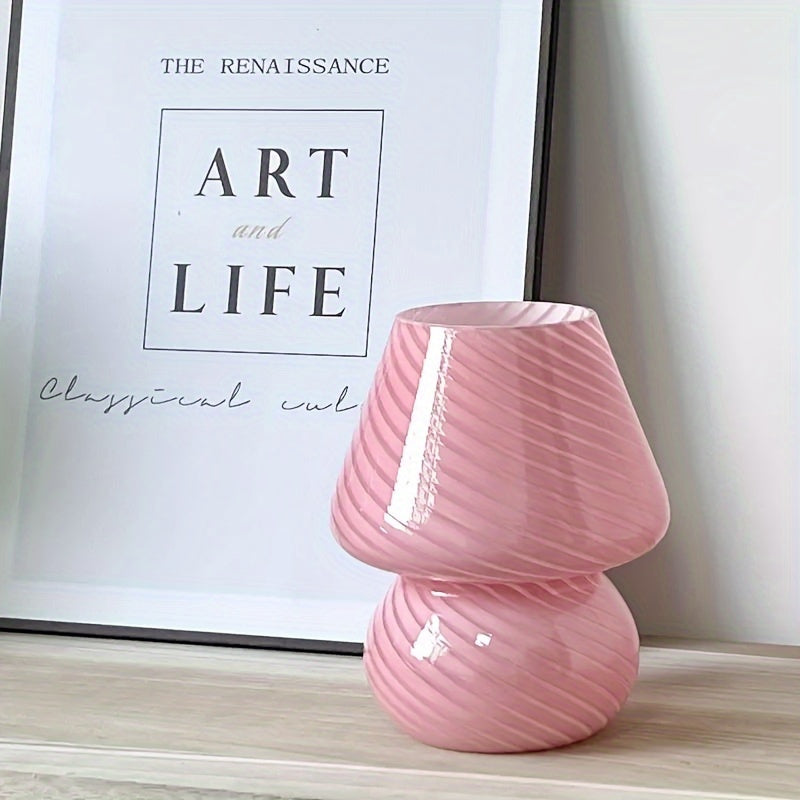 Glass Mushroom Table Lamp with Stepless Dimming and Integrated LED, Swirled Stripe Pattern