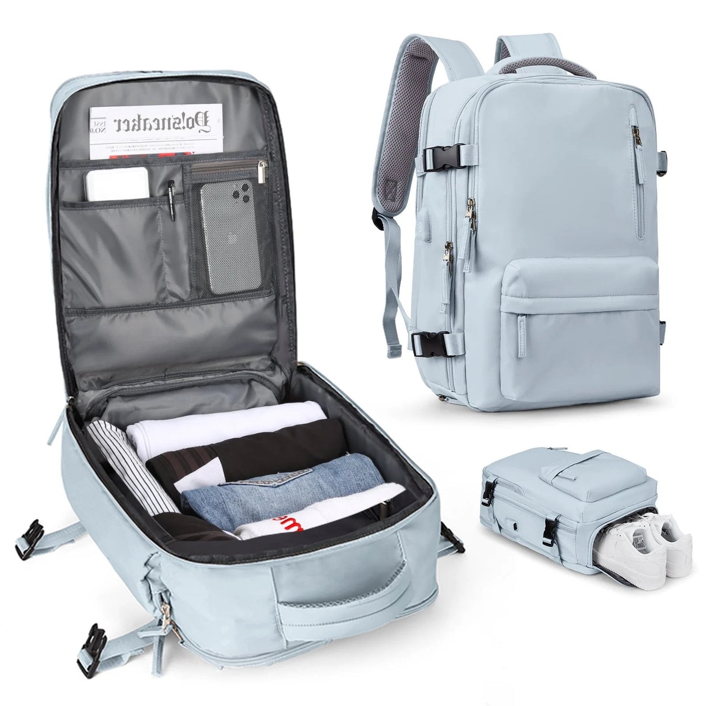 Travel Backpack 35L with USB Charging Port and Laptop Sleeves, Wet Storage, Shoe Compartment