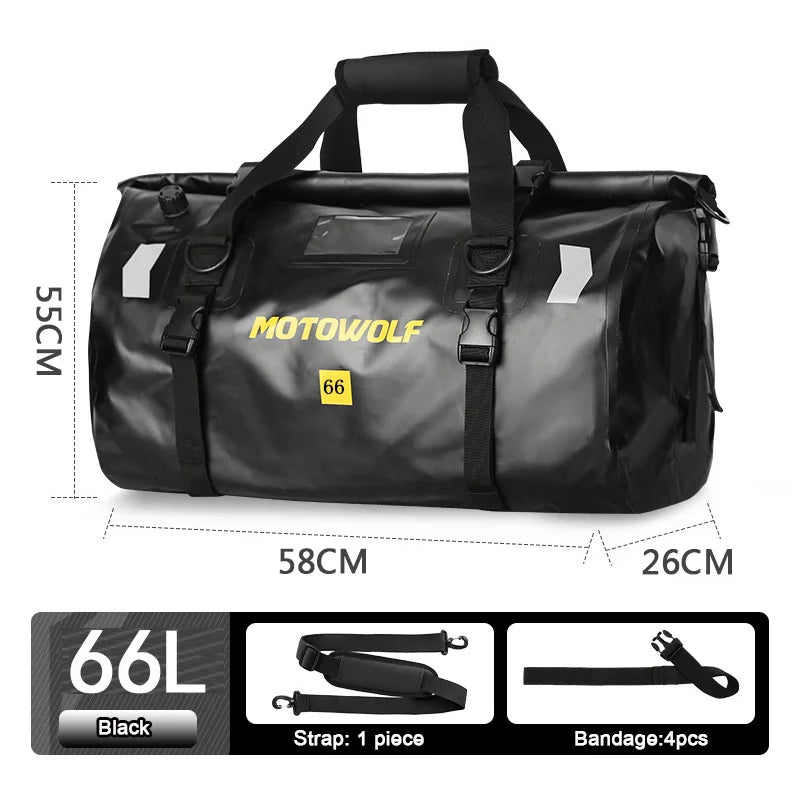 Roll Top Tail Bag with Reflective Strips and Convertible Carry Straps, 40L and 66L