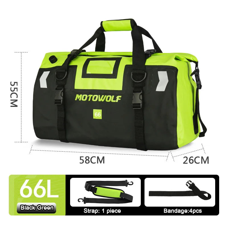 Roll Top Tail Bag with Reflective Strips and Convertible Carry Straps, 40L and 66L