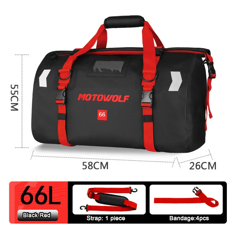 Roll Top Tail Bag with Reflective Strips and Convertible Carry Straps, 40L and 66L
