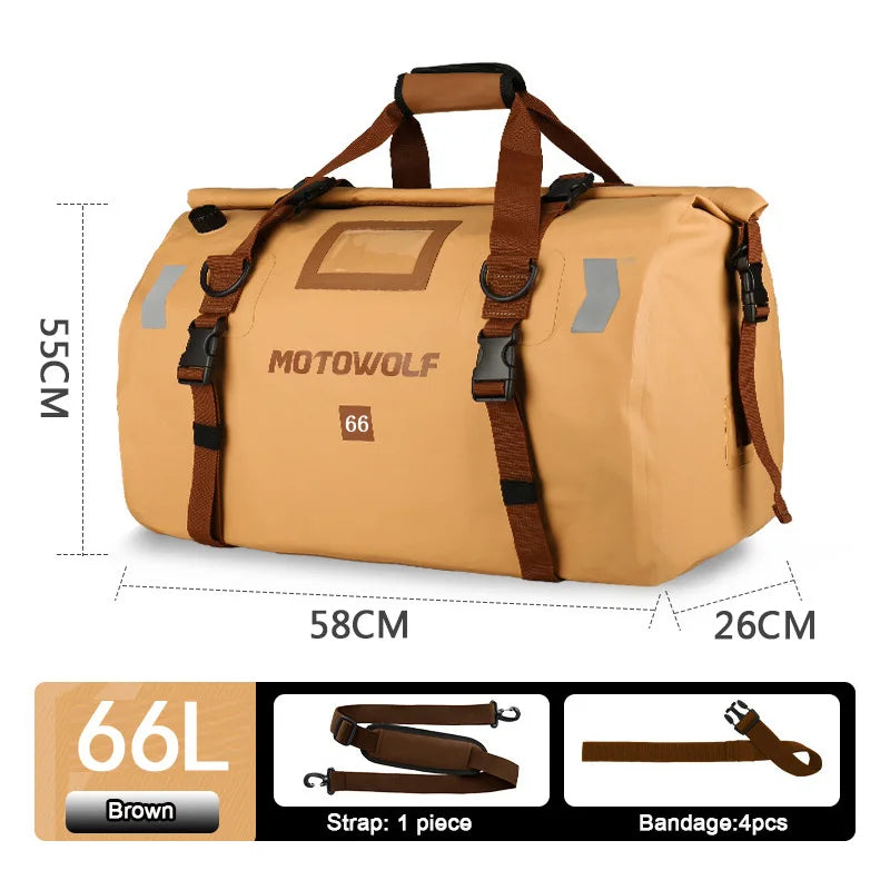 Roll Top Tail Bag with Reflective Strips and Convertible Carry Straps, 40L and 66L