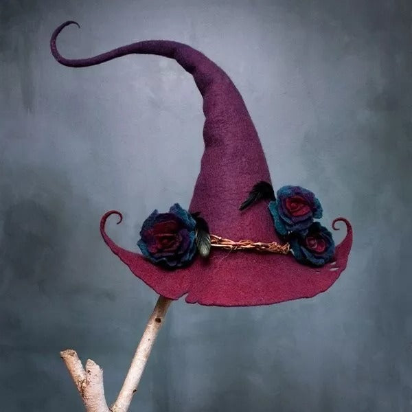 Felt Witch Hat with Chiffon Trim and Adjustable Fit, Handmade Wool, Storage Pouch