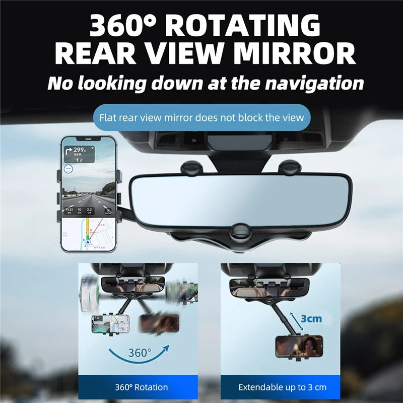 Phone Holder with 360 Degree Rotation and Four Jaw Grip for Rearview Mirror