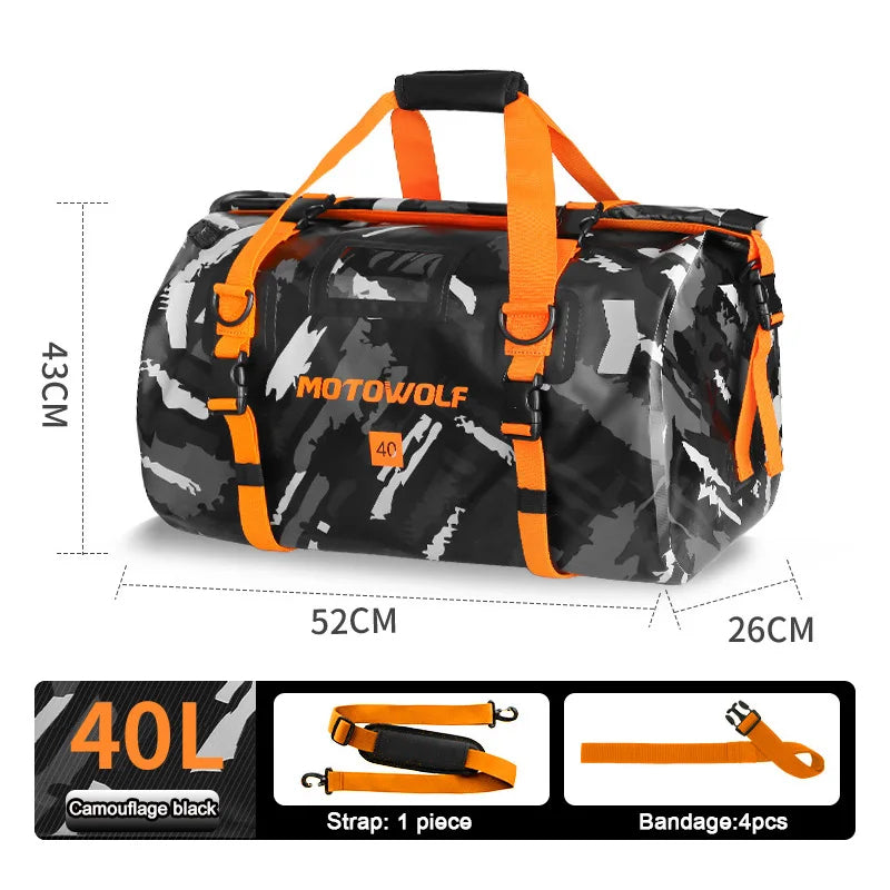 Roll Top Tail Bag with Reflective Strips and Convertible Carry Straps, 40L and 66L