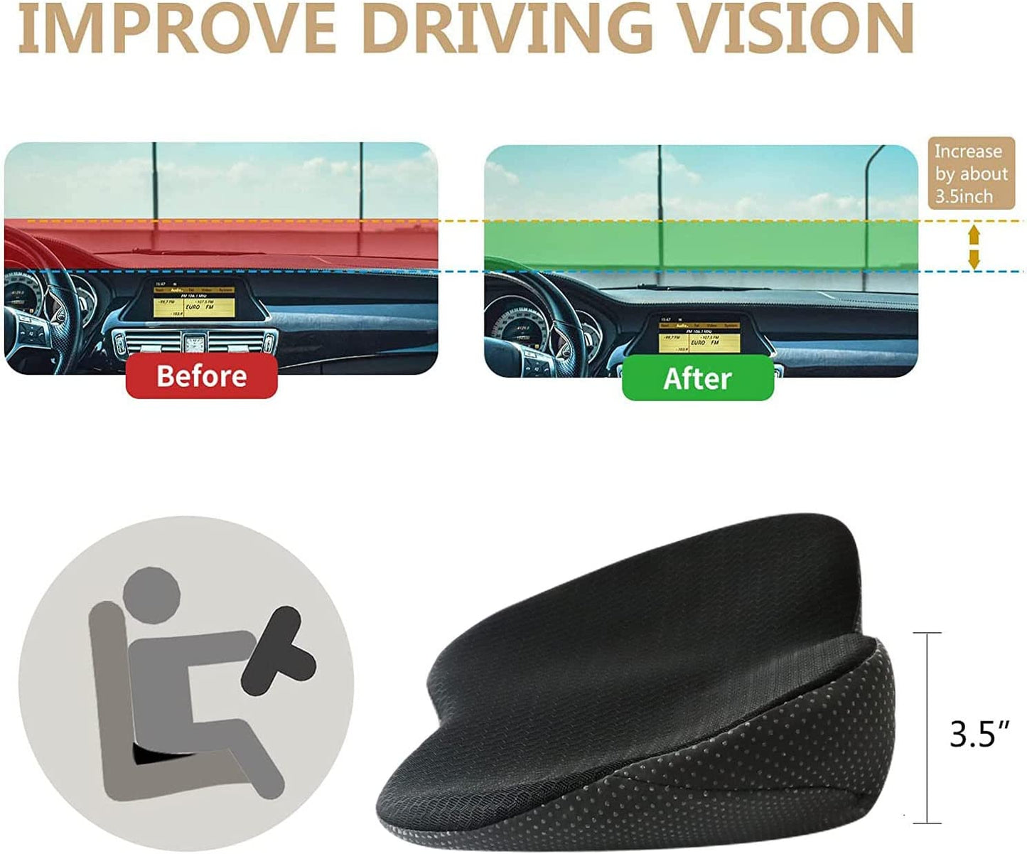 Car Seat Cushion with Memory Foam and 3.5-Inch Height Boost, Removable Breathable Cover
