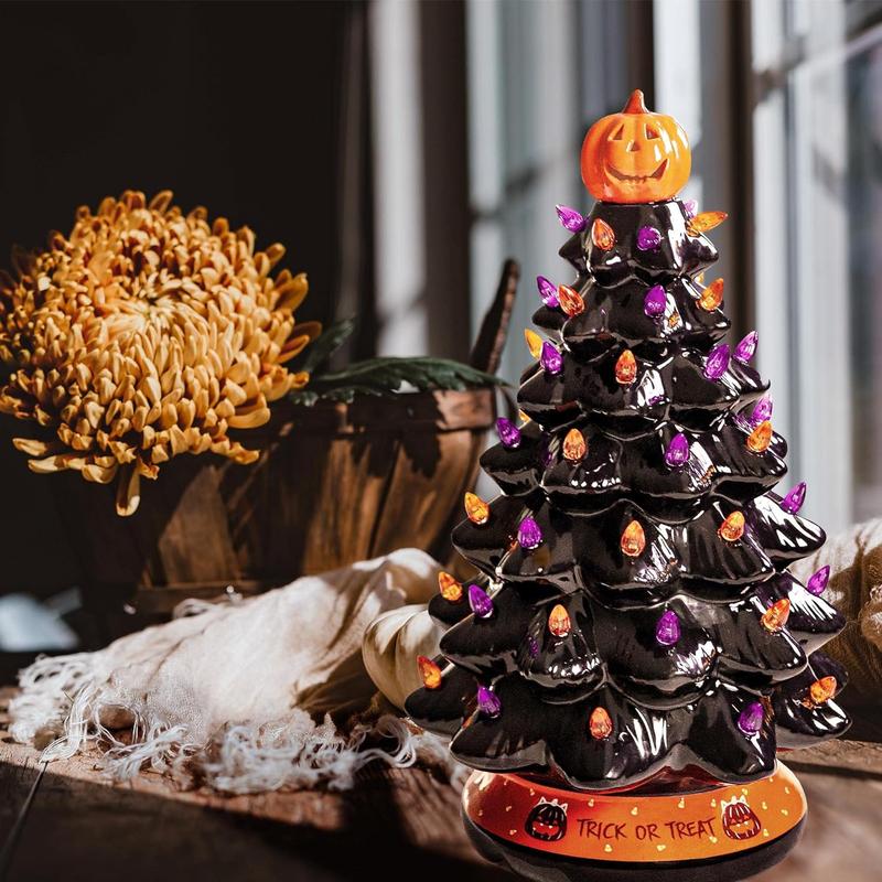 LED Ceramic Holiday Tree with Purple and Orange Beads and Hand-Painted Finish