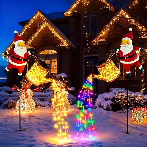 Christmas Santa Garden Decor with Solar Watering Can Light