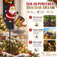 Solar-powered holiday decoration featuring a Santa Claus figure holding a glowing gold watering can, shown in a festive garden setting with step-by-step usage instructions and feature icons on the right.