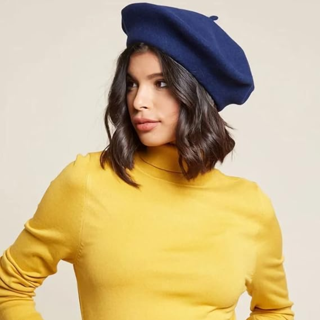 Classic French Wool Beret – Evelyne-Marine Blue-Nora Luxe