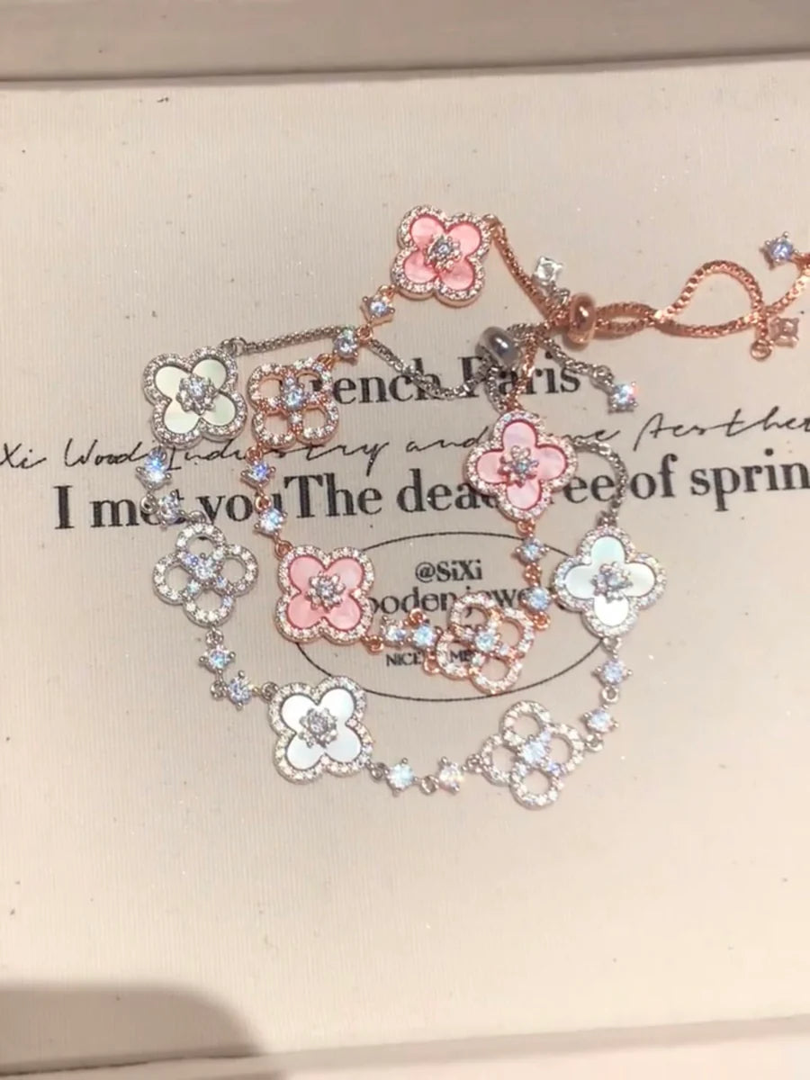 Floral Bracelet with Natural Shell Petals and Faceted Crystal Accents, Gold Plated Finish