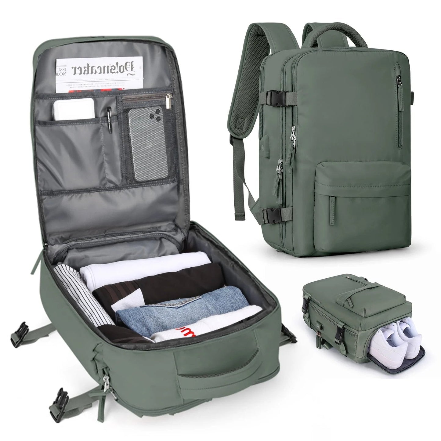 Travel Backpack 35L with USB Charging Port and Laptop Sleeves, Wet Storage, Shoe Compartment