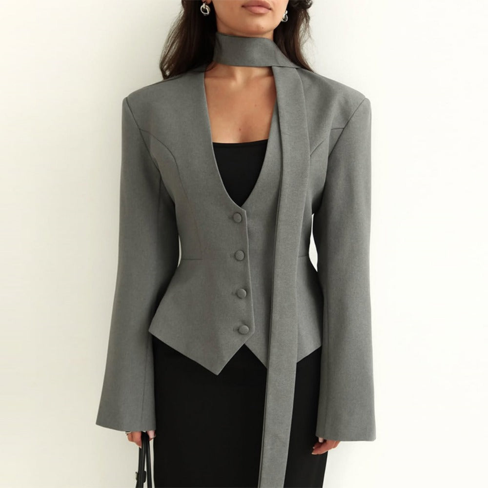 Women's Long Sleeve Blazer with Attached Scarf and Tailored Fit, Single-Breasted
