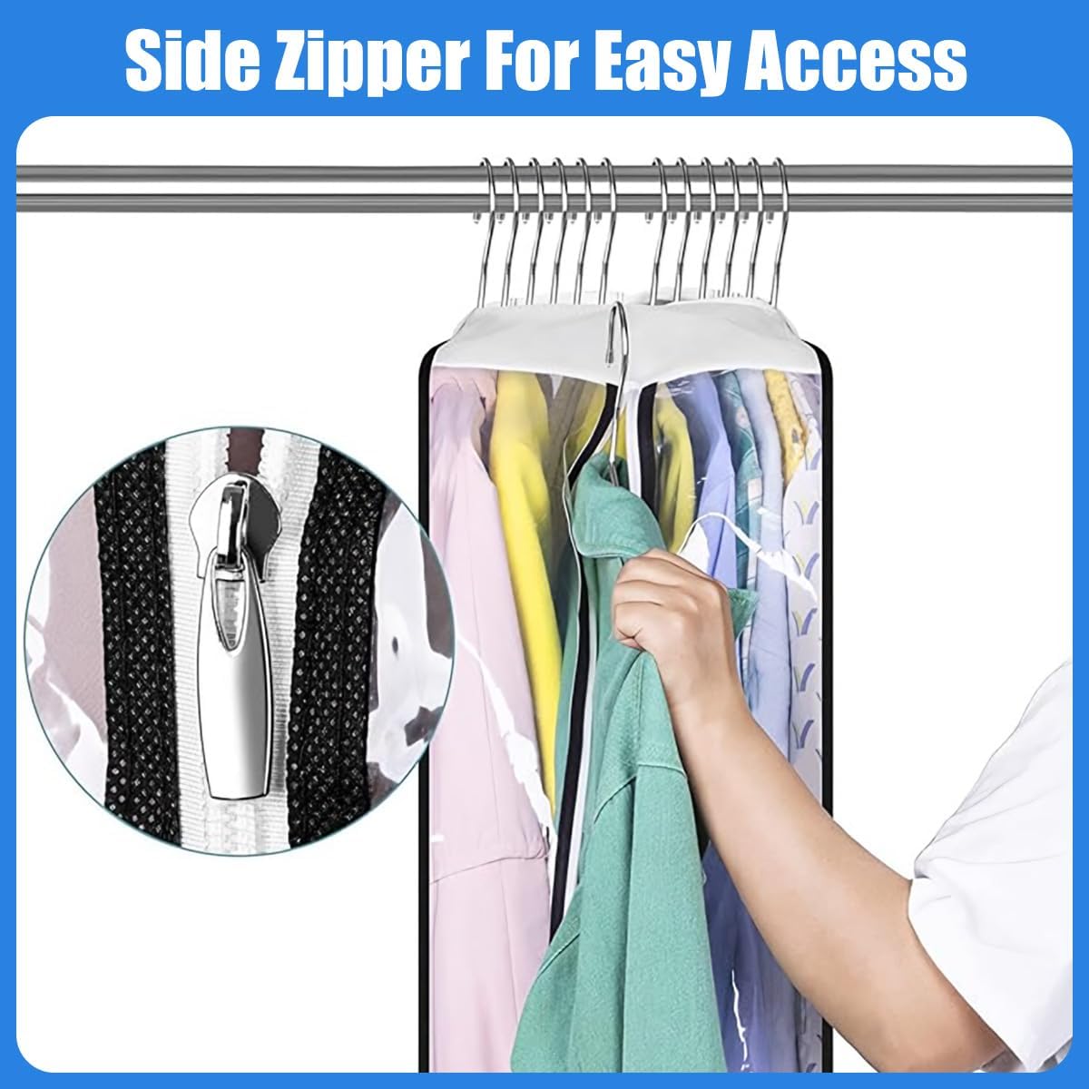 Clear Garment Storage Covers with Side Zipper and Gusseted Design, 6-Pack