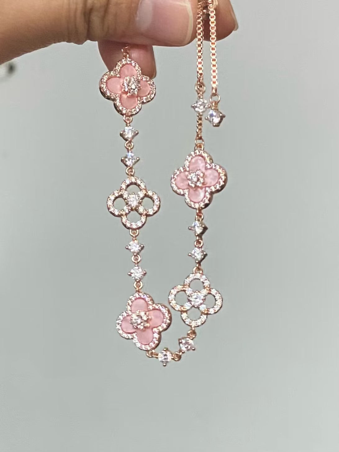 Floral Bracelet with Natural Shell Petals and Faceted Crystal Accents, Gold Plated Finish