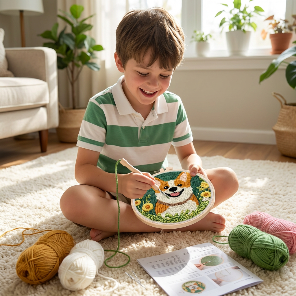 Punch Needle Embroidery Set with Pre-Printed Patterns and Adjustable Loop Height