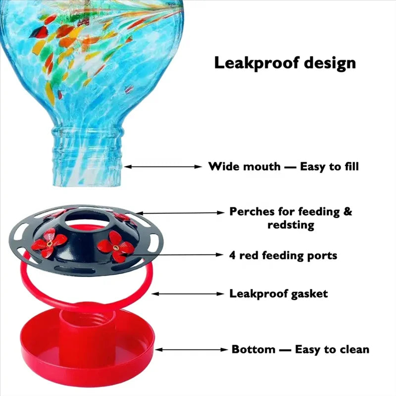 Hummingbird Feeder with Hand Blown Ocean Blue Glass and Bee Proof Ports, Ant Moat All Vera Mart