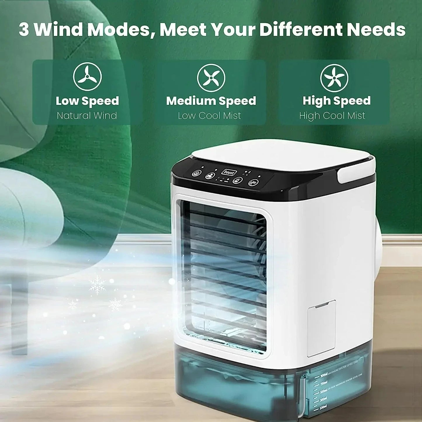 Portable Air Cooler with Dual Spray Nozzles and Swinging Blade System, 900ml Tank