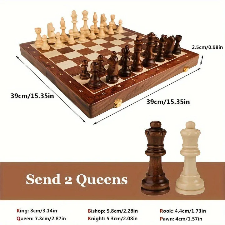 Foldable Wooden Chess Set with Magnetic Closure and Hand Carved Pieces, 15in Board