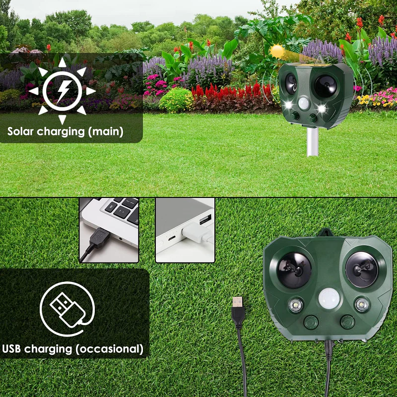 Solar Bird Repeller with Ultrasonic Sound and LED Flashing, 30ft Detection Range