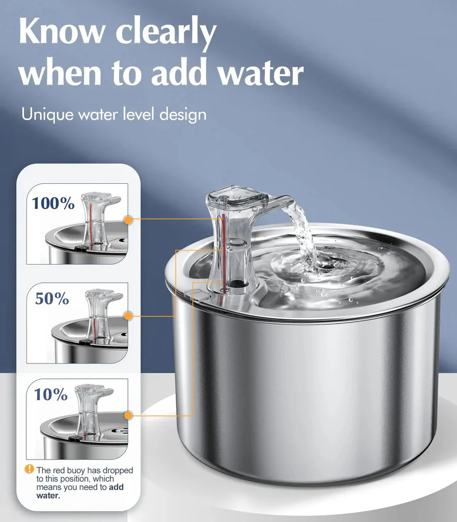 Cat Water Fountain with Stainless Steel Basin and Four-Layer Filter, Motion Sensor Option