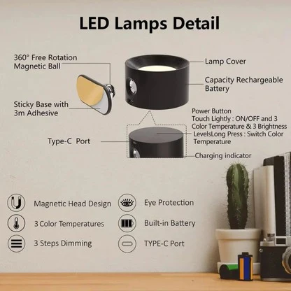 Magnetic Rechargeable Wall Light with 360° Rotation and Touch Controls, USB-C Charging
