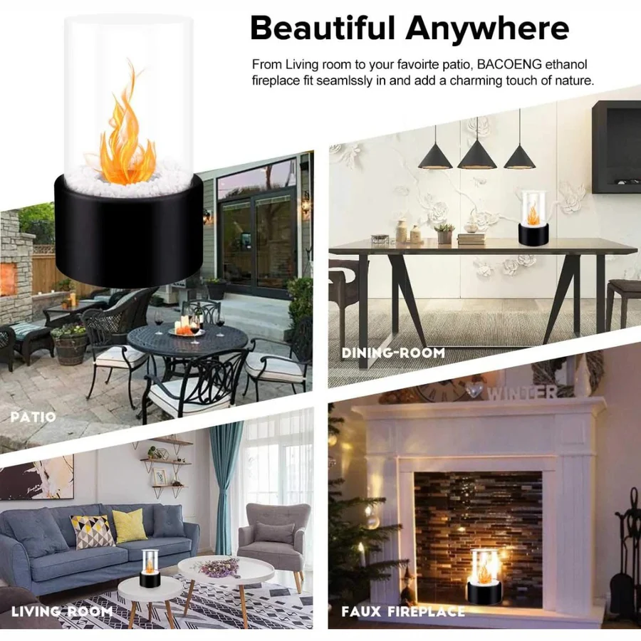 Ethanol Tabletop Fireplace with Glass Cylinder and Flame Snuffer