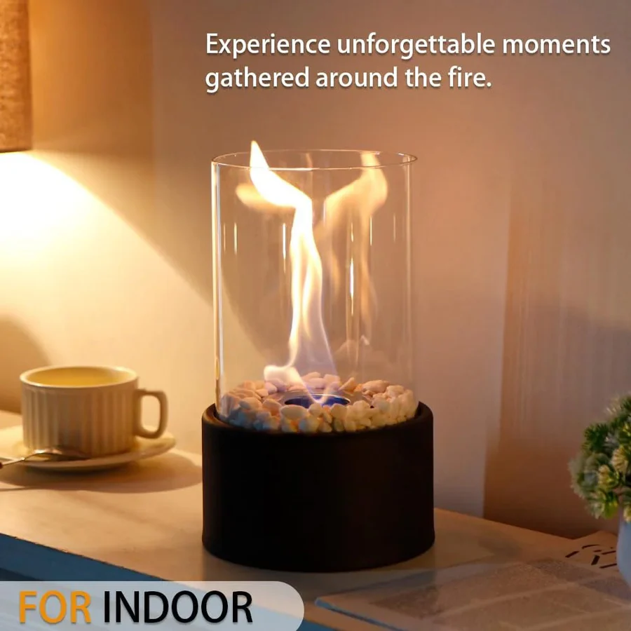 Ethanol Tabletop Fireplace with Glass Cylinder and Flame Snuffer