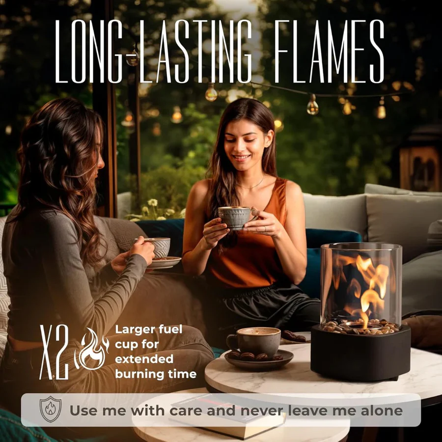 Ethanol Tabletop Fireplace with Glass Cylinder and Flame Snuffer