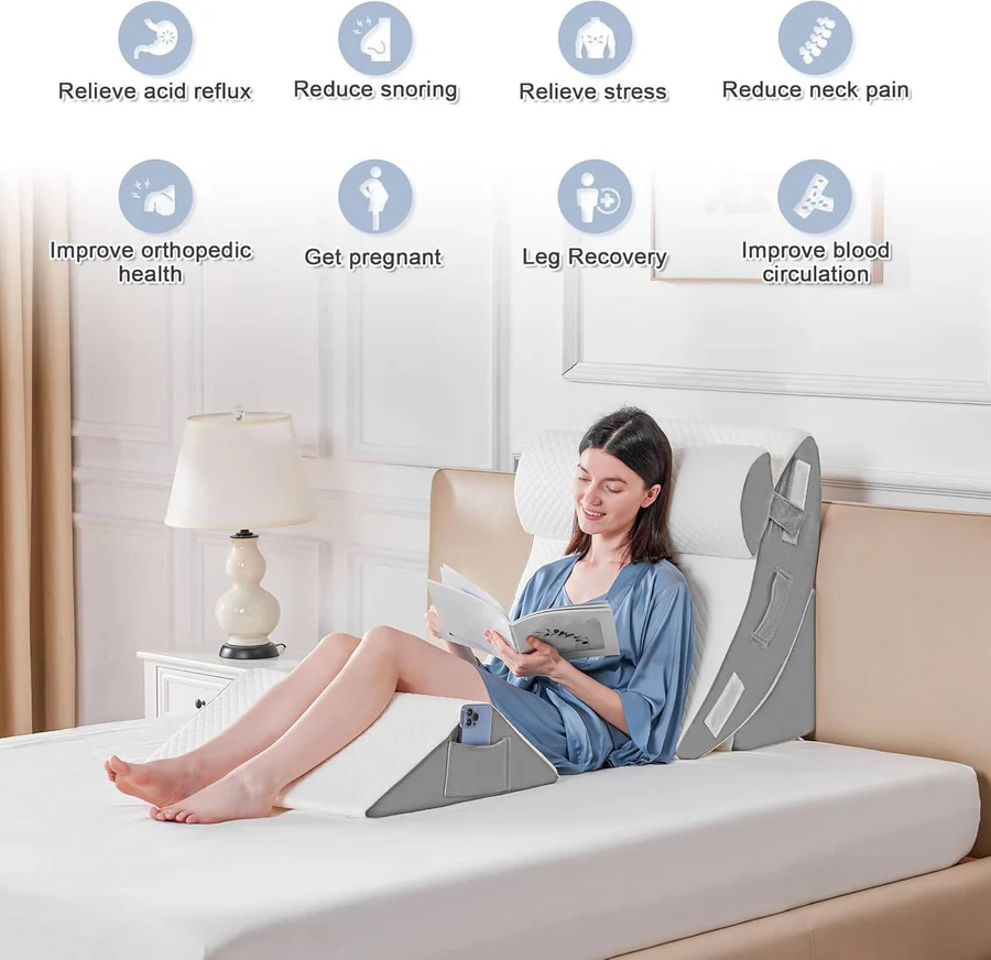 Memory Foam Wedge Pillow Set with Adjustable Strips and Removable Plush Cover, 4 Piece