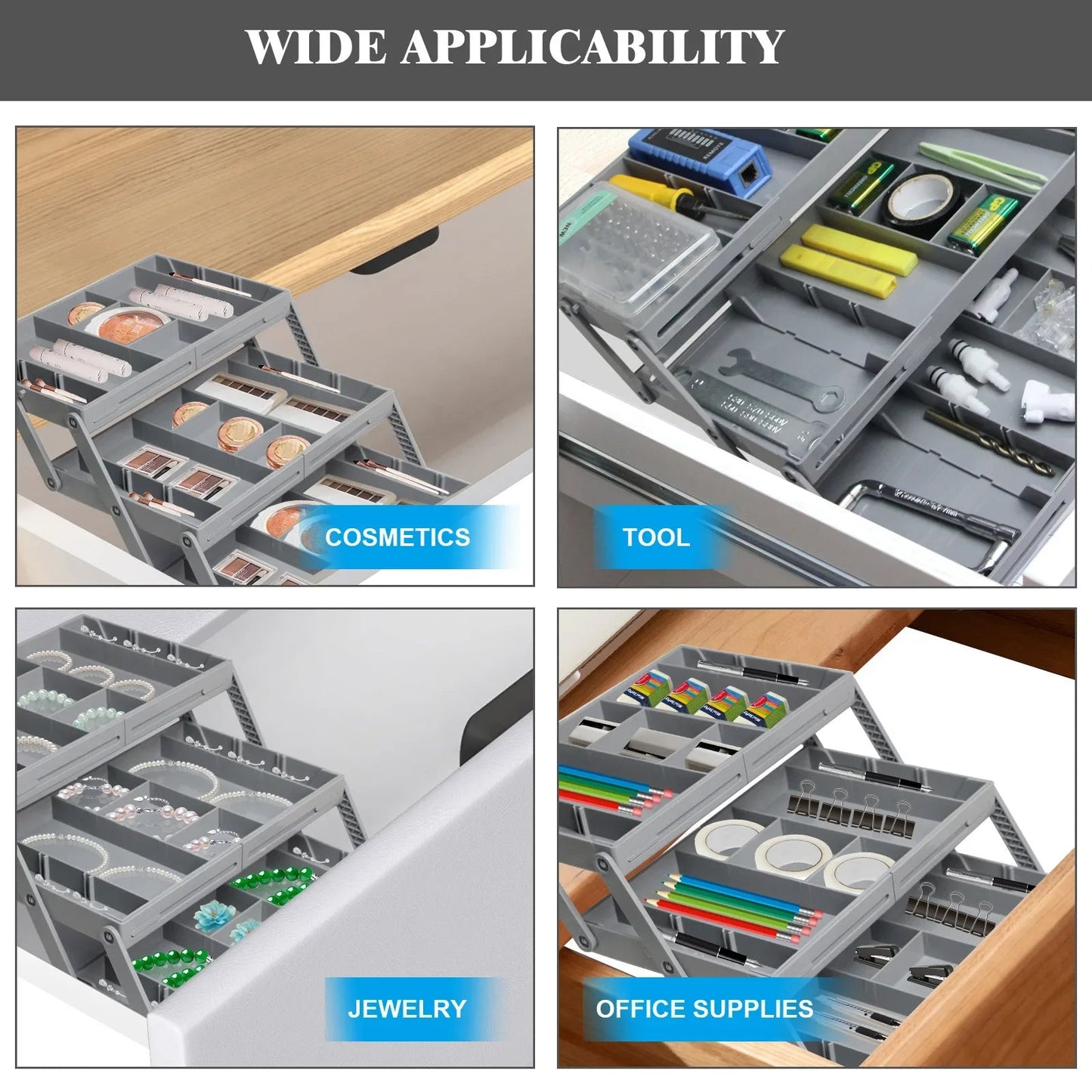 Foldable Drawer Organizer with Three Stacking Tiers and Divided Compartments