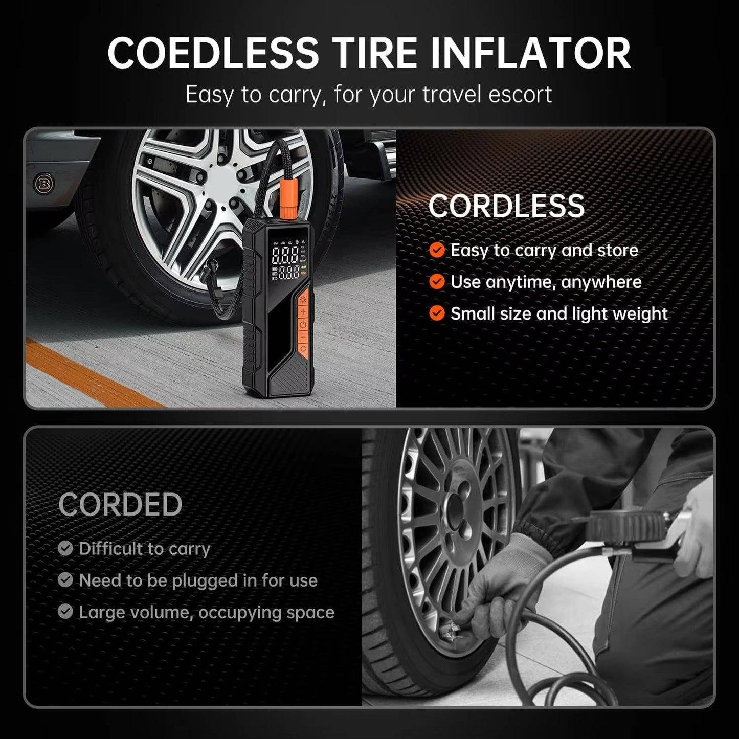 Portable Tire Inflator 150 PSI, Cordless Air Compressor 6000mAh Dual Power 12V DC with Digital Gauge Auto Shut Off for Car Bike Motorcycle Balls