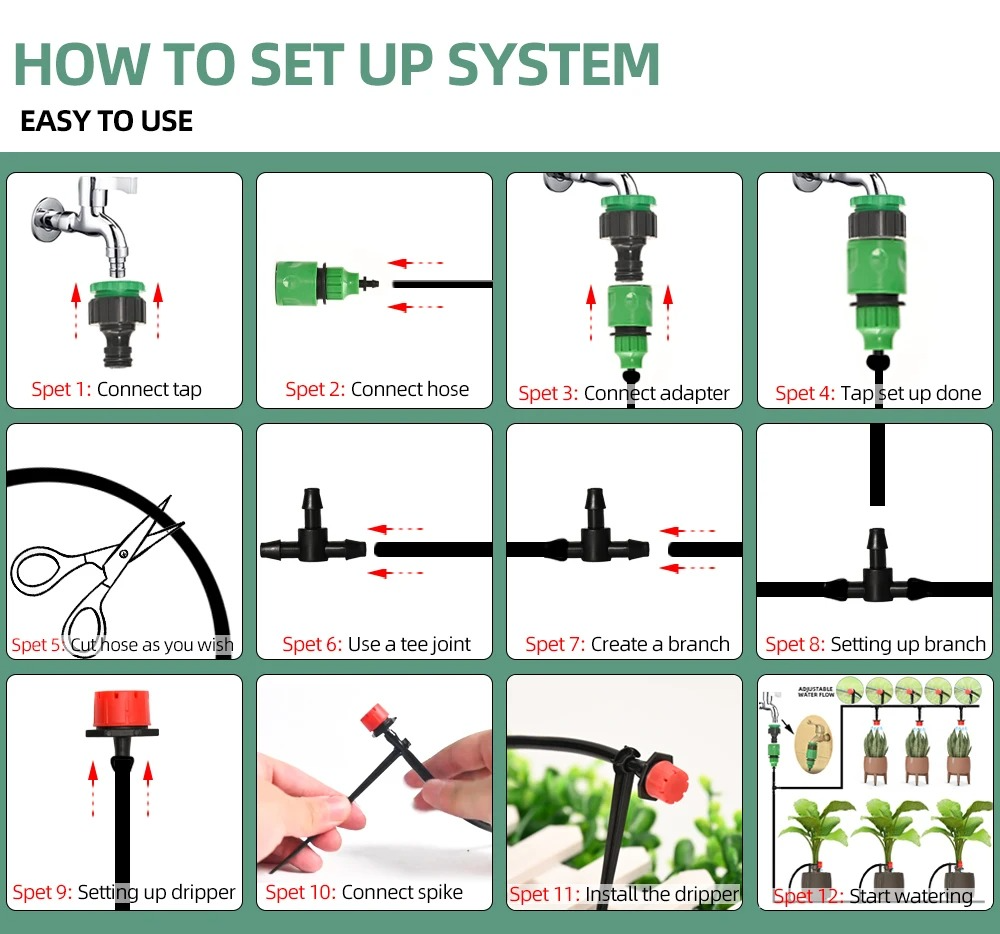 Automatic Garden Watering System with Programmable Timer and Adjustable Drip Heads