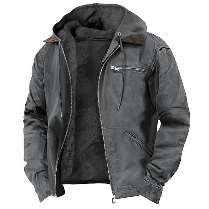 Men's Fleece Jacket with Adjustable Hood and Full-Length Zipper