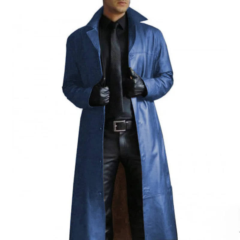 Men's Long Trench Coat with PU Outer Shell and Polyester Lining, Slim Fit