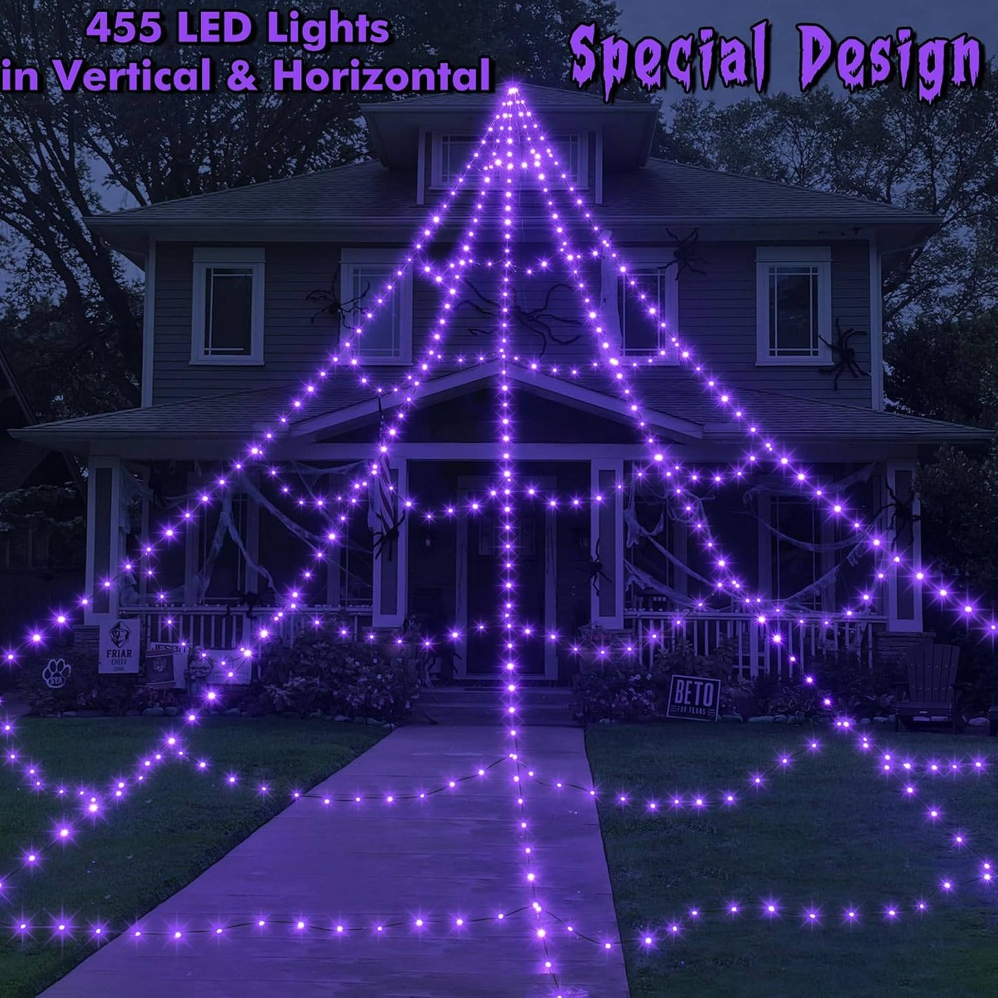 455 LED Halloween Spider Web Lights, 16.4 FT Giant Spider Web with Remote and 8 Lighting Modes