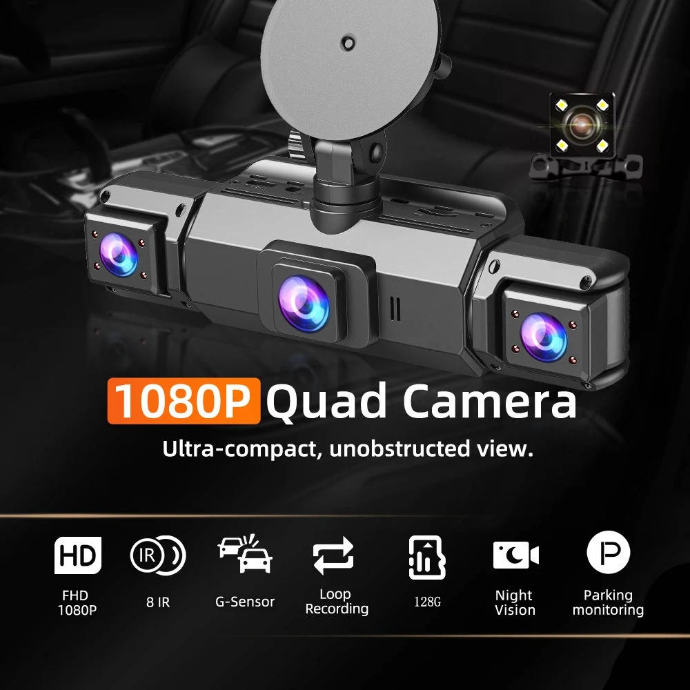 4-Channel Dash Cam with Night Vision and Parking Monitor, WiFi App Control