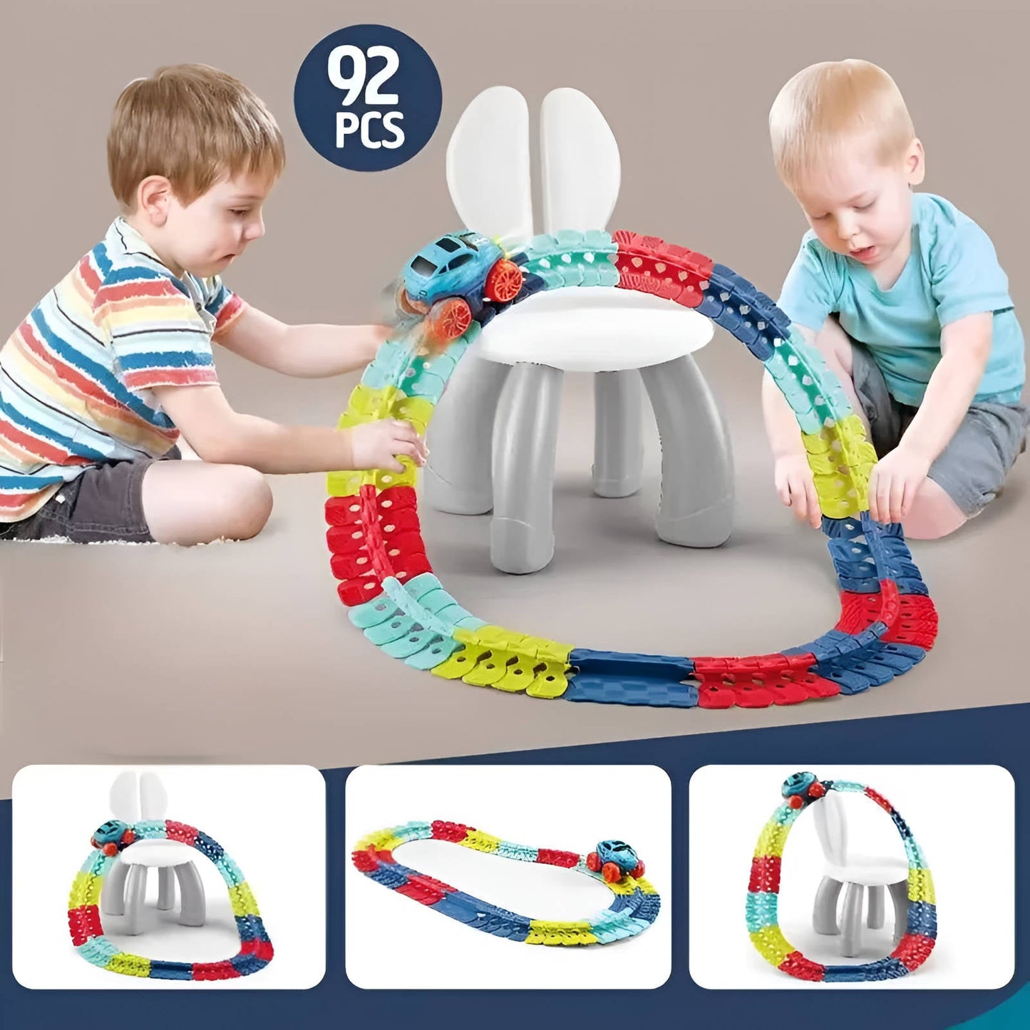 LED Race Track for Kids with Flexible Modular Track and Anti-Tip Car, USB Rechargeable