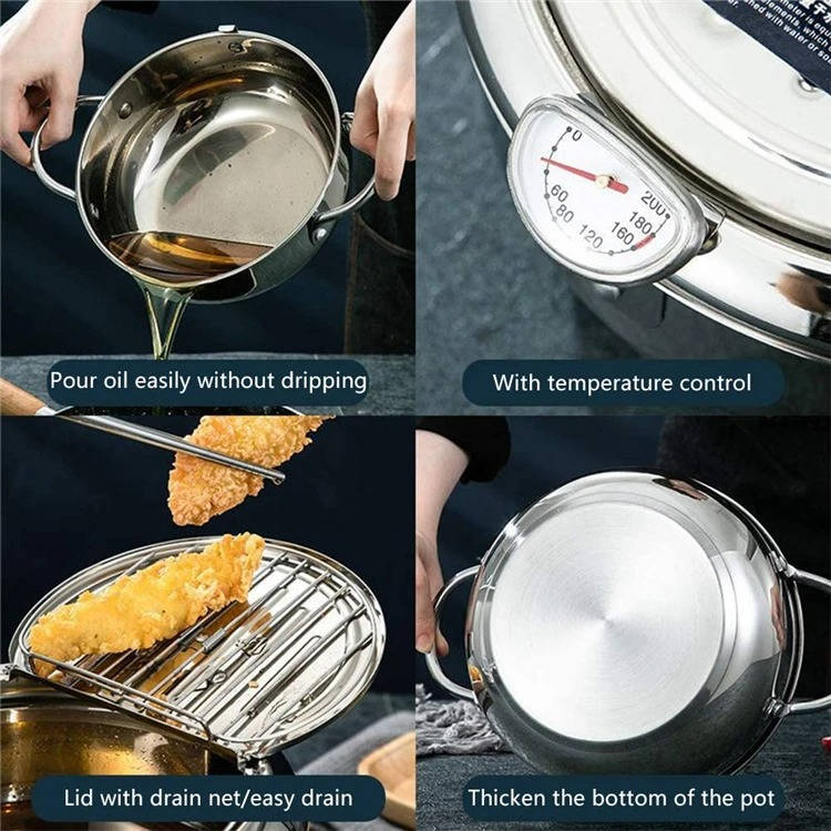 Deep Frying Pot with Splash Guard Lid and Built-in Thermometer, Wire Drain Rack