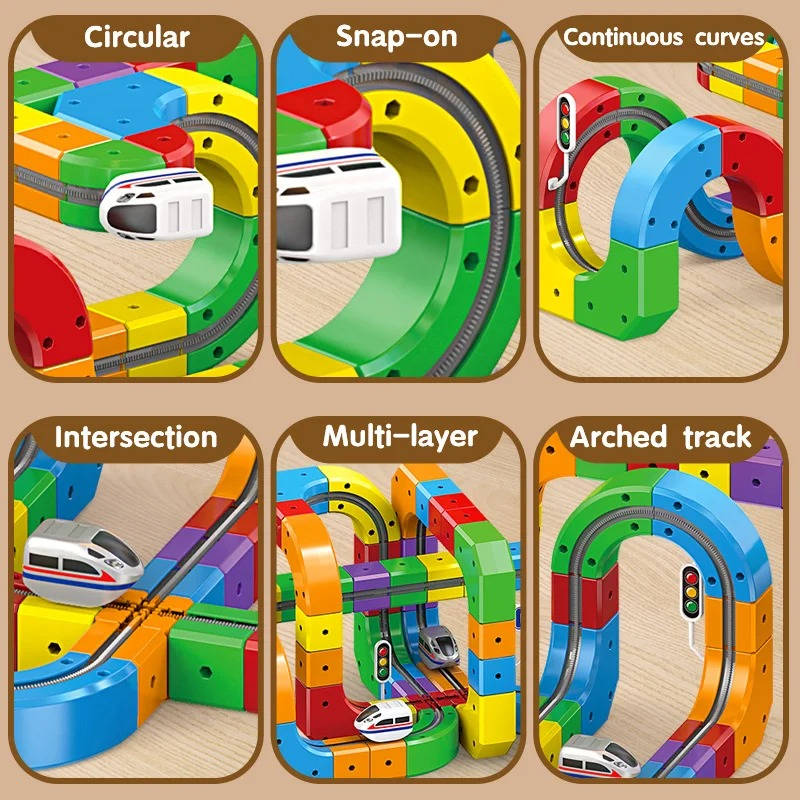 Motorized Magnetic Train Set with Flexible Track Cubes and Traffic Signs