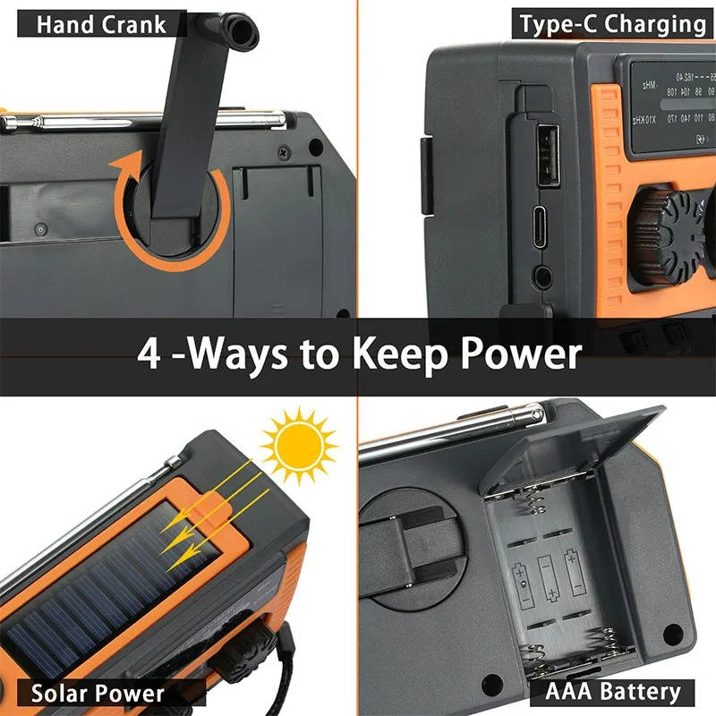 Emergency Radio with Solar Panel and Hand Crank, 5000mAh Power Bank