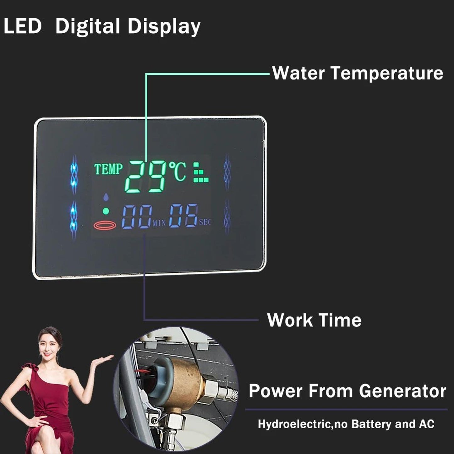 LED Shower Panel with 6 Spray Modes and Temperature Display, Handheld Wand