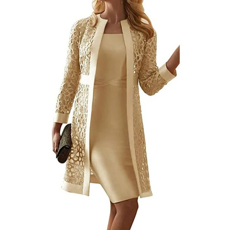 Two Piece Knee Length Sheath Dress with Open Front Lace Jacket and Long Sleeves