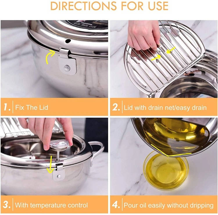 Deep Frying Pot with Splash Guard Lid and Built-in Thermometer, Wire Drain Rack