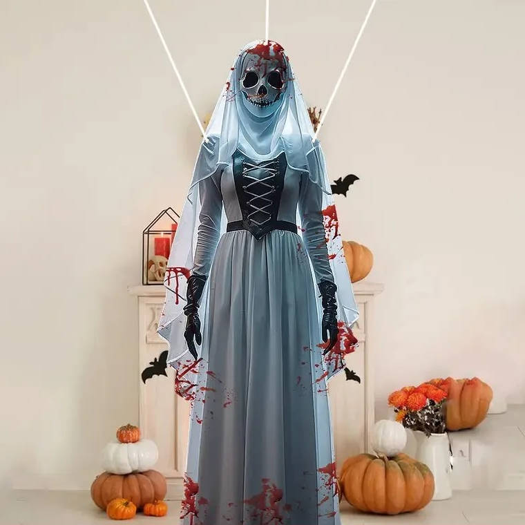 Skull Bride Halloween Hanging Decoration with Weather Resistant Fabric and Included Hooks