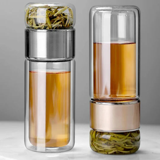 Borosilicate Glass Double Layer Tea Infuser Bottle with Built-in Strai