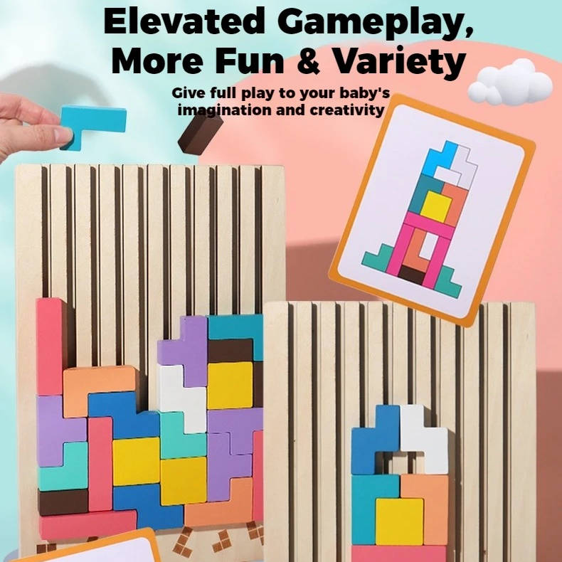 Wooden Puzzle Blocks with 42 Pieces and 10 Cards, Foldout Stand